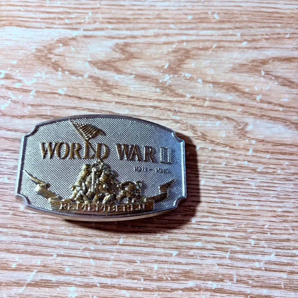 World War II Belt Buckle 1941-1945 Remembered Back is Numbered Silver Tone